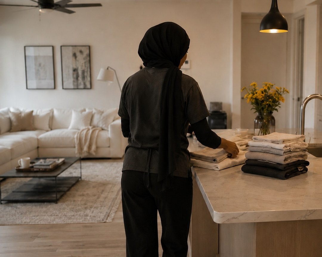 A Kadirose cleaner folding linens in a bright open-plan living room